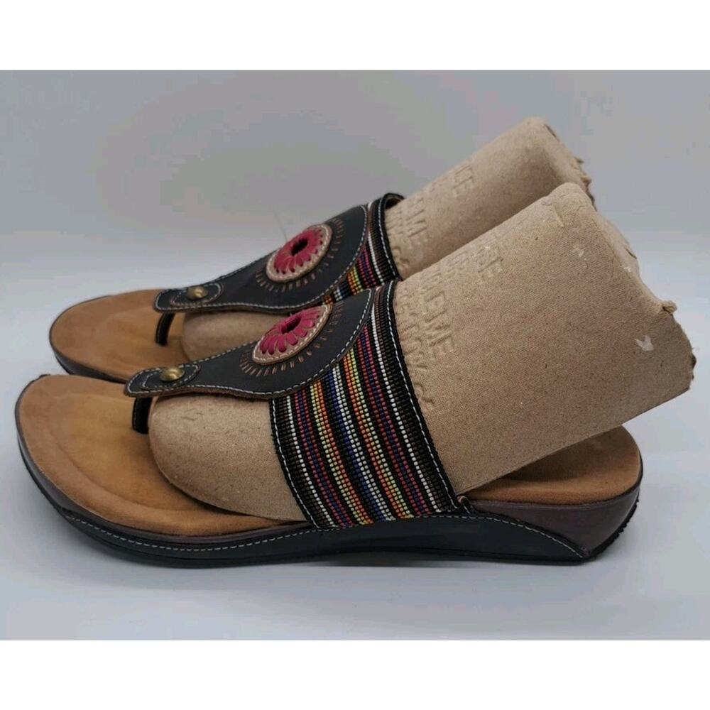 Spring Step Yasmine Flip Flops 6.5/37 Thong Sandals Black Leather Boho Colorful